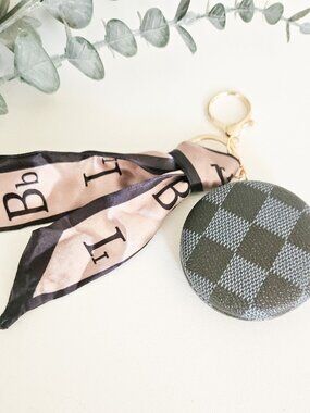 Portable Compact Mirror Keychain w/Ribbon - Grey/Black - S/H Discount